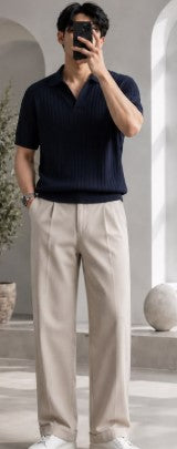 Men's Premium Navy Blue Textured Polo T-Shirt | Regular Fit Half Sleeve Casual Polo Tee