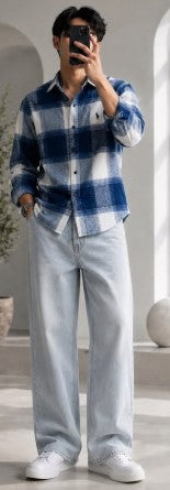 Men's Blue White Buffalo Check Flannel Cotton Casual Shirt | Full Sleeve Regular Fit