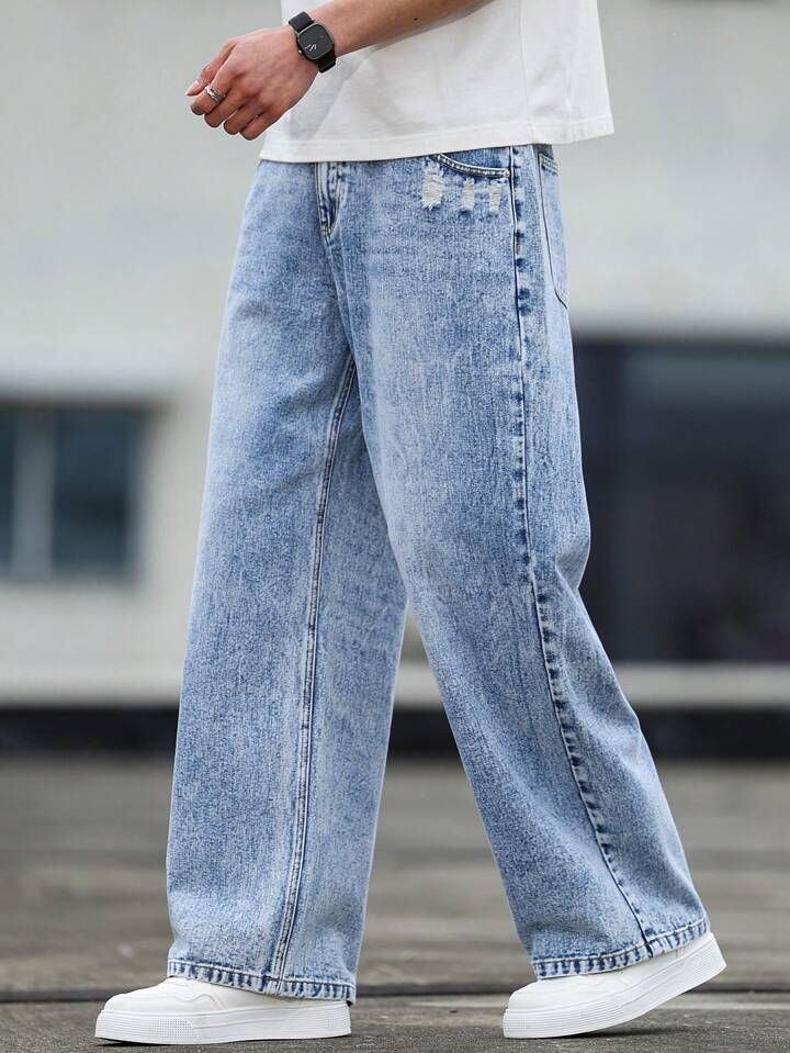 Men's Light Blue Baggy Fit Jeans | Premium Wide Leg Denim Pants