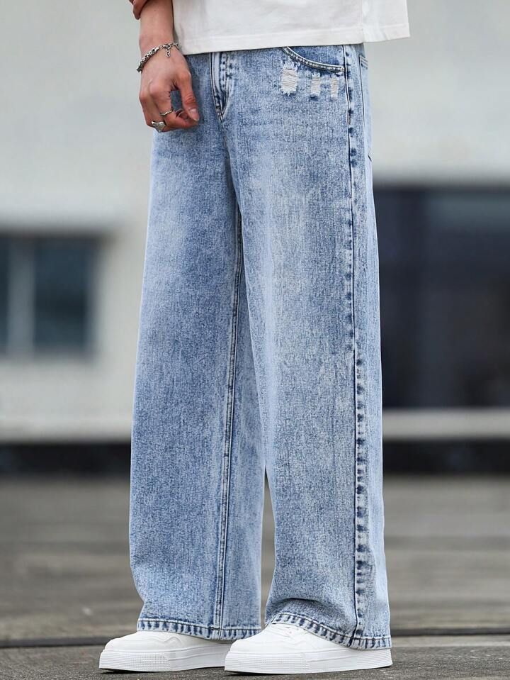 Men's Light Blue Baggy Fit Jeans | Premium Wide Leg Denim Pants