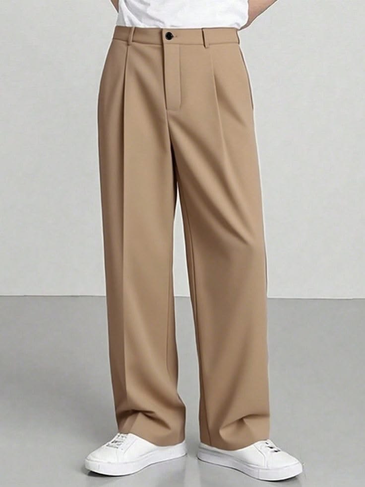 Men's Beige Wide Leg Formal Trousers | Relaxed Fit Pleated Casual Pants
